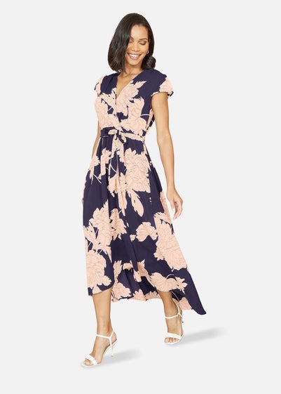 Mela Navy Blossom Print Wrap Midi With Dipped Hem