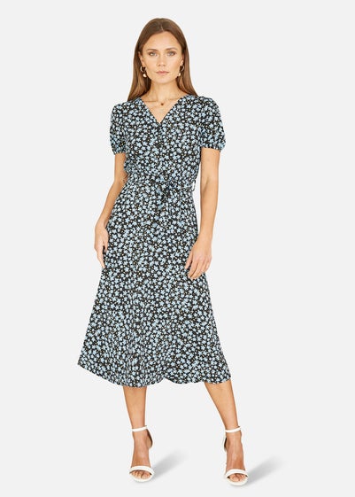 Mela Blue Ditsy Floral Print Midi Shirt Dress