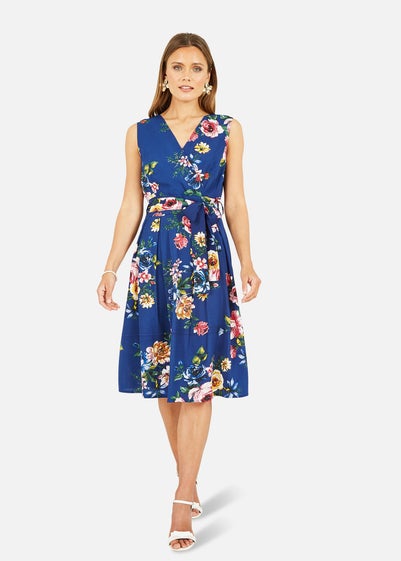 Mela Navy Floral Wrap Over Midi Skater Dress