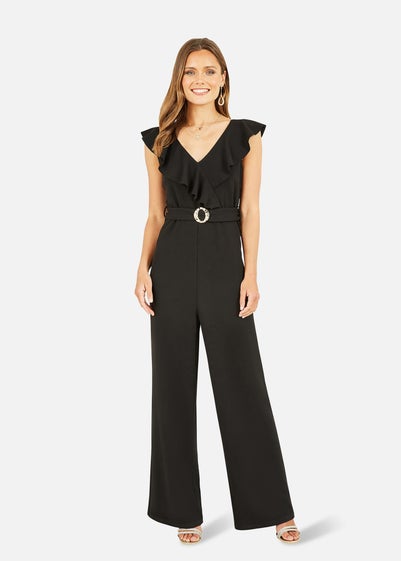 Mela Black Jumpsuit With Gold Buckle and Frill Detail