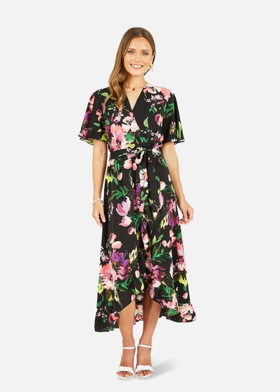 Mela Black Floral Wrap Midi Dress With Frills