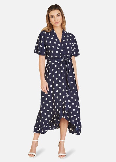 Mela Navy Spot Print Wrap Midi Dress With Frill Detail