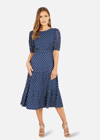 Mela Navy Gold Foil Spot Midi Dress With Scoop Back