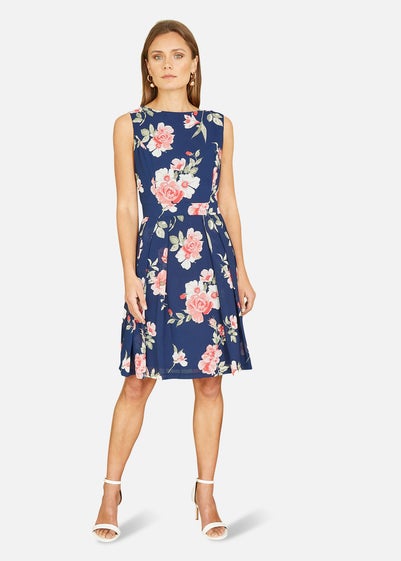 Mela Navy Floral Skater Dress With Scoop Back