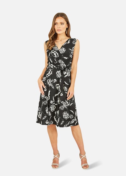 Mela Black Satin Floral Wrap Skater Midi Dress