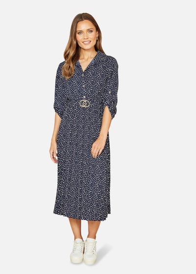 Mela Navy Spot Pleated Skirt Midi Dress With Gold Buckle