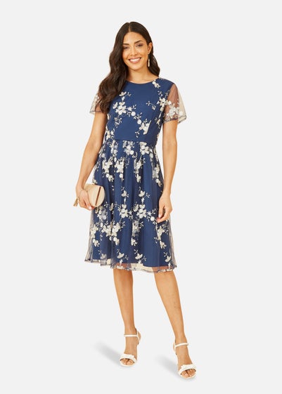 Yumi Navy Embroidered Floral Skater Dress