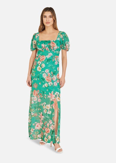 Yumi Green Floral Print Square Neck Maxi Dress With Split Hemline