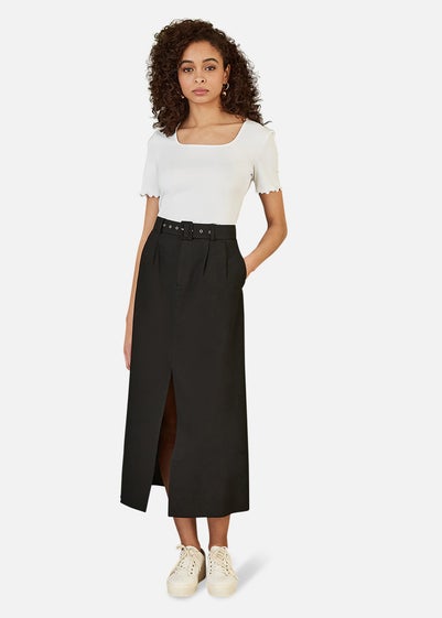 Yumi Black Cotton Midi Skirt With Belt And Split Hem