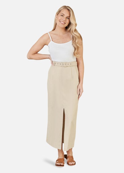 Yumi Stone Cotton Midi Skirt With Belt And Split Hem