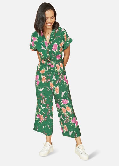 Yumi Green Recycled Crane Print Jumpsuit With Matching Belt