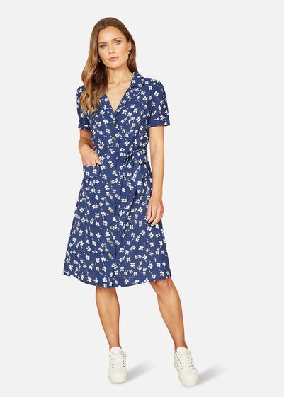 Yumi Navy Daisy Print Retro Shirt Dress