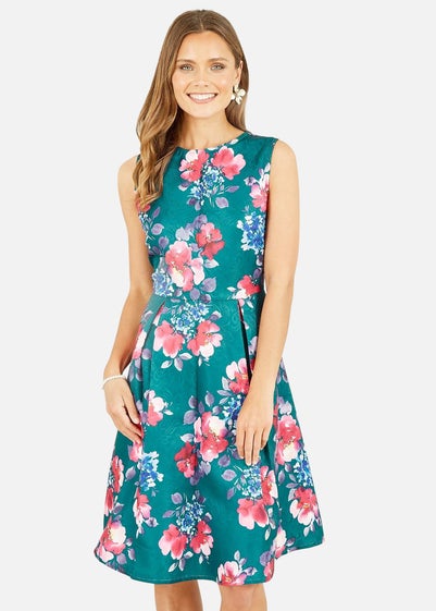 Yumi Green Jacquard Winter Floral Skater Dress