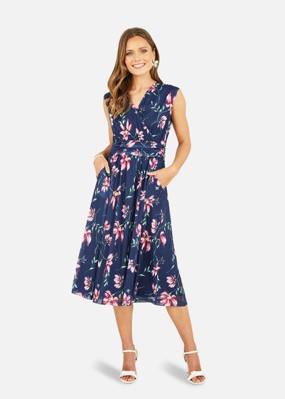 Yumi Navy Floral Print Midi Skater Dress