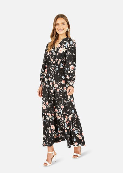 Yumi Black Blossom Floral Print Ruched Long Sleeves Midi Dress