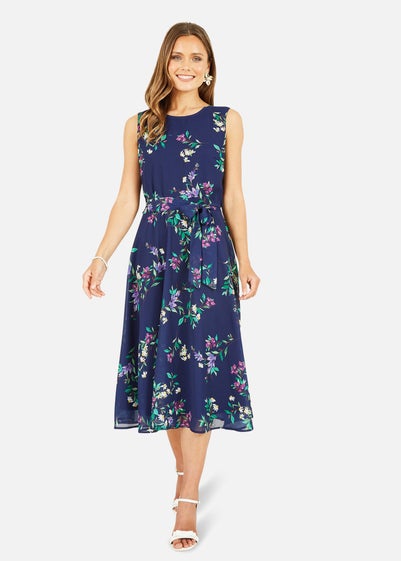 Yumi Navy Floral Print Midi Skater Dress