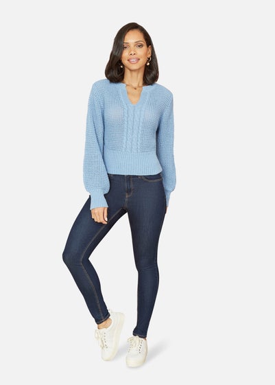 Yumi Blue Balloon Sleeve Cable Knit V Neck Jumper