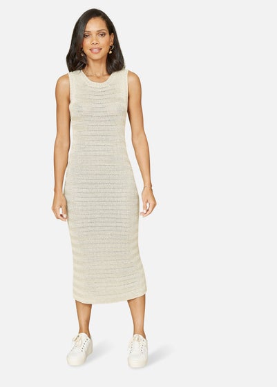 Yumi Gold Metallic Knitted Sleeveless Midi Dress