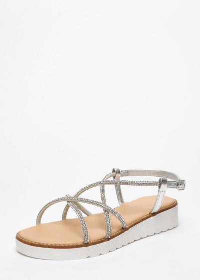 Quiz Silver Diamante Cross Strap Flatform Sandals