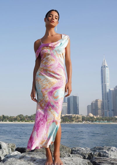 Quiz Pink Marble Print Satin Midaxi Dress