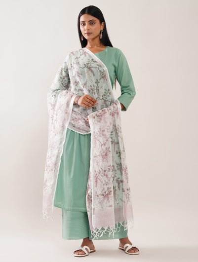 Women Natural White Cotton Silk Printed Dupatta