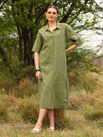 Women Olive Green Cotton Linen Embroidered Shirt Collar Dress