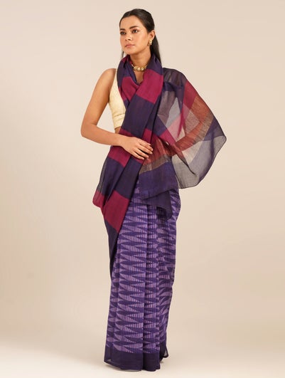 Women Grey Block Print Cotton Silk Saree