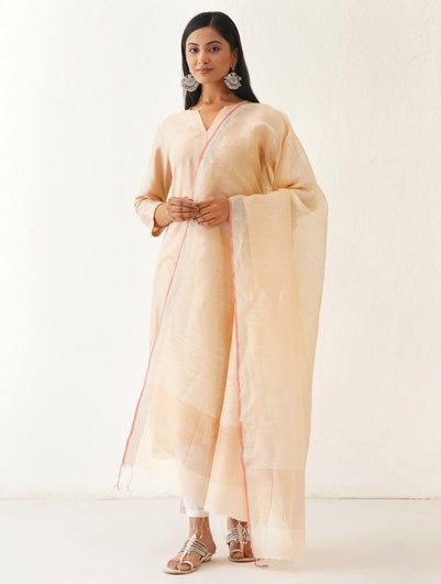 Women Peach Linen Hand Woven Dupatta