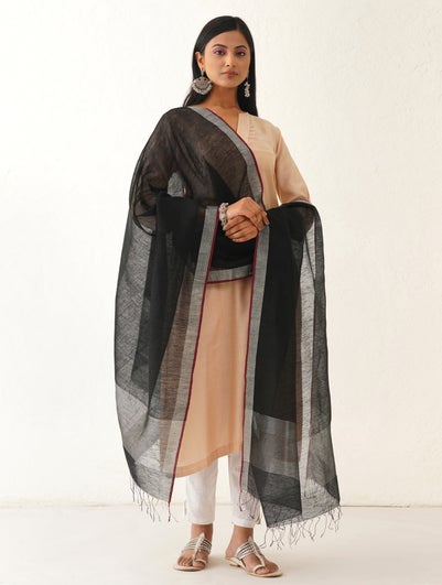 Women Black Linen Hand Woven Dupatta