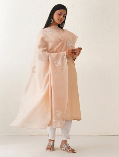 Women Pink Cotton Silk Chikankari Dupatta