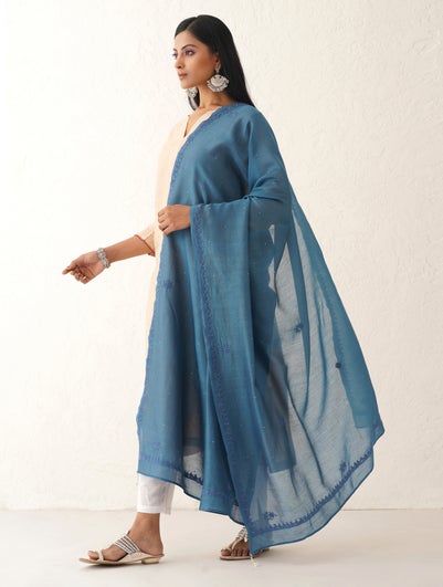 Women Blue Cotton Silk Chikankari Dupatta