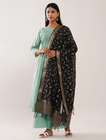 Women Black Cotton Silk Printed Dupatta