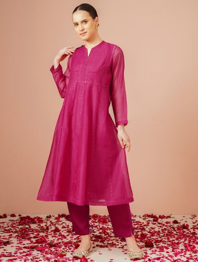 Women Fuchsia Pink Mandarin Collar A Line Kurta, Slip & Pant