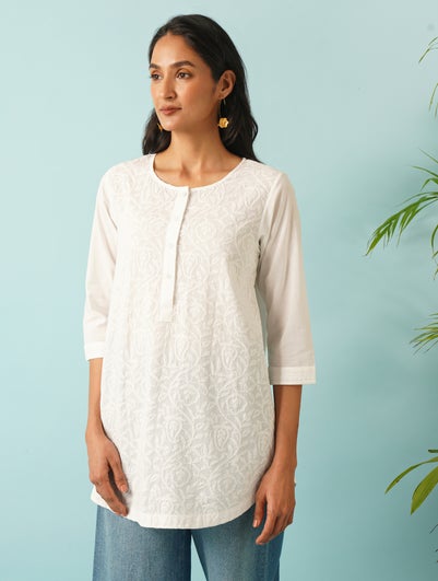 Women White Cotton Embroidered Round Neck Straight Fit Tunic