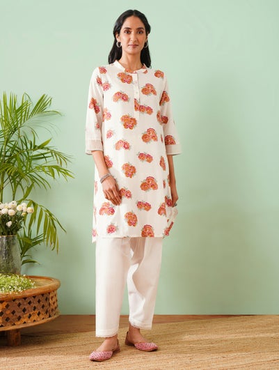 Women White Cotton Printed Mandarin Collar Straight Fit Tunic - XS