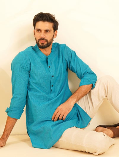 Men Blue Cotton Mandarin Collar Kurta - 38