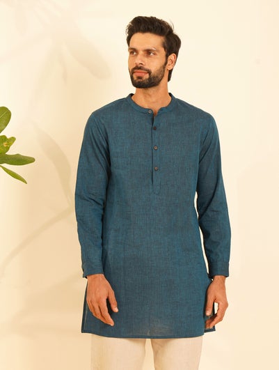 Men Teal Blue Cotton Mandarin Collar Regular Fit Kurta - 42