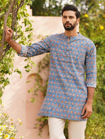 Men Multicolour Cotton Block Print Chinese Collar Kurta - 38