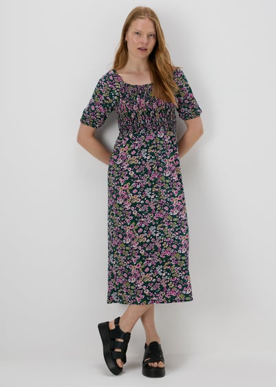 Multicolour Floral Square Neck Shirred Midi Dress