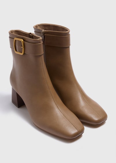 Tan Wide Fit Buckle Block Heel Boots