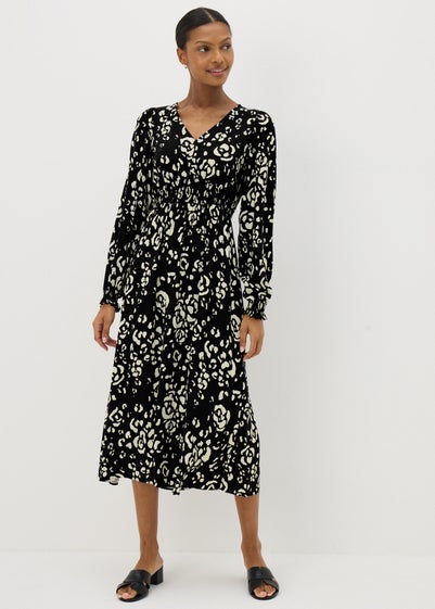 Black Monochrome Floral Midi Dress