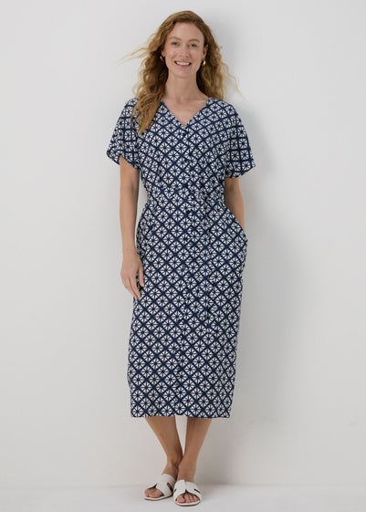 Blue Geometric Print Midi Shirt Dress