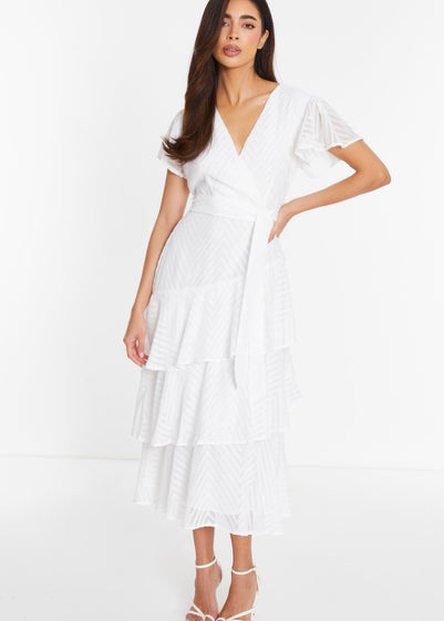 Quiz White Chiffon Jacquard Wrap Midi Dress