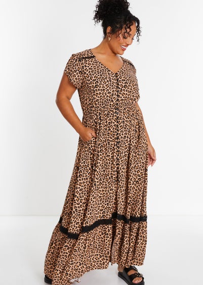 Quiz Brown Curve Leopard Print Crochet Trim Maxi Dress