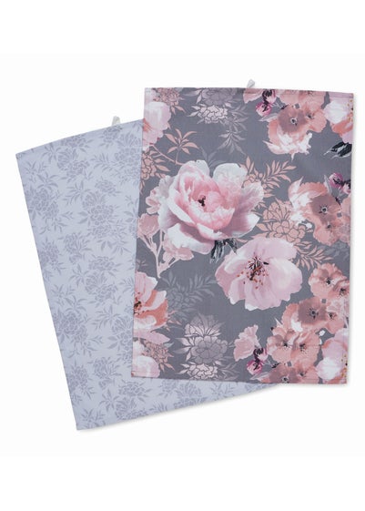 Catherine Lansfield Dramatic Floral Cotton Kitchen Tea Towel Pair (50x75cm) - One Size