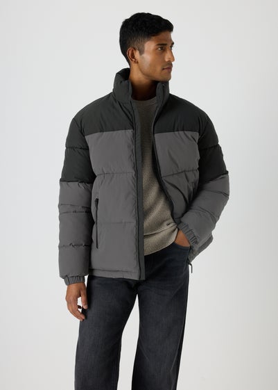 Grey Colour Block Puffer Coat