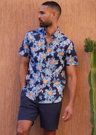 Threadbare Navy Cotton Tropical Print Short Sleeve Shirt