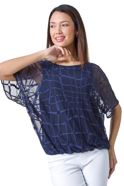 Roman Navy Abstract Check Print Blouson Top