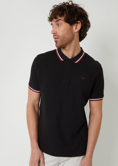 Threadbare Black Dorry Herringbone Tipping Cotton Pique Polo Shirt