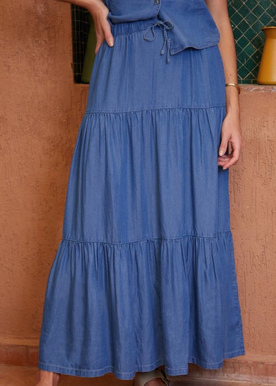 Threadbare Light Blue Seed Tiered Chambray Midi Skirt